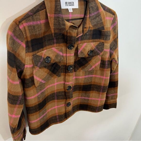 BB Dakota by Steve Madden Boxy Shacket in Cashew Plaid | Size XS - Picture 4 of 9